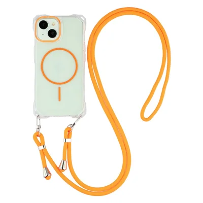 For iPhone 15 Magnetisk Case med Lanyard Drop-Proof TPU + PC Telefon Bagdæksel - Orange