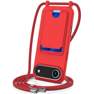 For iPhone Air Case Vloeibaar Silicone Kaarthouder Achter Telefoonhoesje met Lanyard - Rood