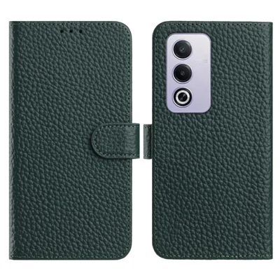 Flip Phone Case For Oppo A5 5G  /  A3 Pro (Global) 5G  /  A80 5G  /  K12x 5G (Global) Wallet Stand Litchi Texture Genuine Cow Leather Cover - Green