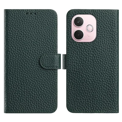 For Oppo A5 Pro 5G (Global)  /  4G (Global) Case Wallet Stand Litchi Texture Genuine Cow Leather Flip Phone Cover - Green