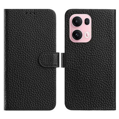 For Oppo Reno13 Pro 5G Case Wallet Stand Litchi Texture Genuine Cow Leather Flip Phone Cover - Black