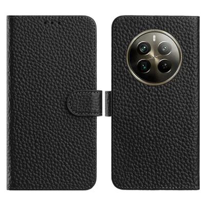 Flip Phone Case til Realme 12 Pro+ 5G  /  12 Pro 5G  /  P1 Pro 5G Wallet Stand Løgtekstur Ægte Ko Skind Cover - Sort