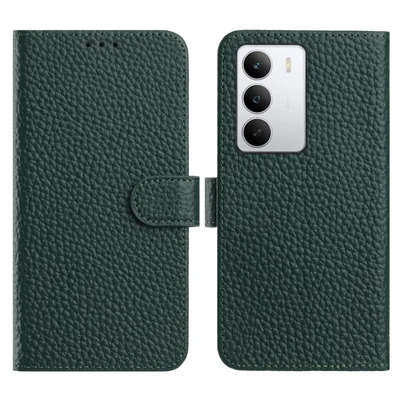 For Realme 14x 5G  /  C75 5G Case Wallet Stand Litchi Texture Genuine Cow Leather Flip Phone Cover - Green