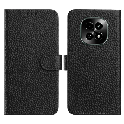 For Realme C63 5G Case Wallet Stand Litchi Texture Genuine Cow Leather Flip Phone Cover - Black
