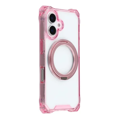 For iPhone 16 Magnetic Case Ring Kickstand TPU + PC Phone Cover - Pink