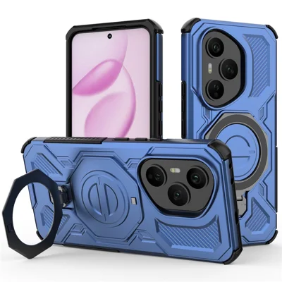 For Honor 400 Pro 5G (Global) Magnetic Case Rotating Metal Kickstand Shockproof PC + TPU Phone Back Cover - Dark Blue