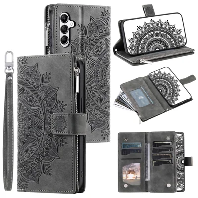 For Samsung Galaxy S25 FE Wallet Case Mandala Flower Pattern PU Leather Phone Cover with Wrist Strap - Grey