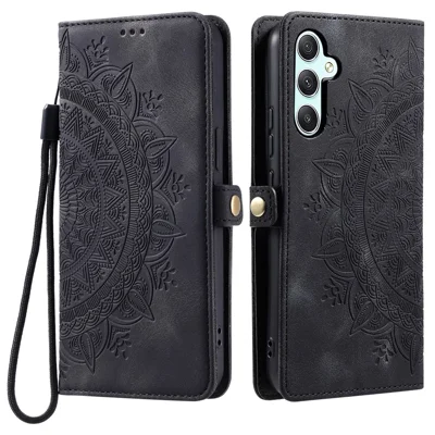 For Samsung Galaxy S25 FE Case Skin Feel Totem Imprinted Wallet Leather Phone Cover with Hand Strap - Black