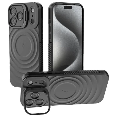 Til iPhone 17 Pro Max Case Kompatibel med MagSafe PC Stand Ripple Struktur TPU Telefonbeskyttelse - Sort