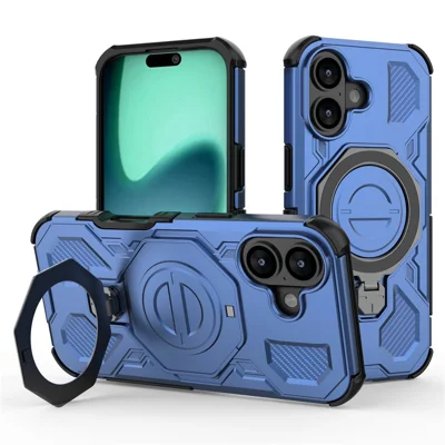 For iPhone 17 Magnetic Case Rotating Metal Kickstand Shockproof PC + TPU Phone Back Cover - Dark Blue
