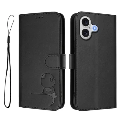 For iPhone 17 Case Panda Imprint RFID Blocking Wallet Leather Phone Cover with Wrist Strap - Black