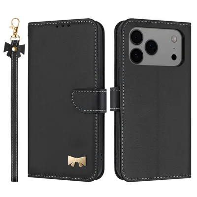 For iPhone 17 Pro Max Case Bowknot Decor Wallet Leather Phone Cover with Wrist Strap - Black