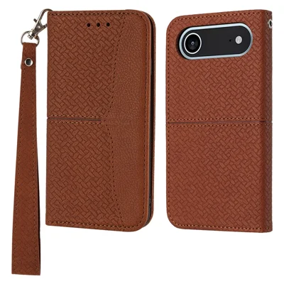 For iPhone Air Case Woven Texture PU Leather Wallet Phone Cover with Wrist Strap - Brown