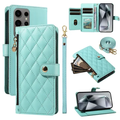 For Samsung Galaxy S24 Ultra Wallet Case with Straps, Rhombus Leather Stand Phone Cover - Light Green