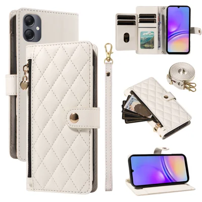 For Samsung Galaxy A08 5G / A08 4G / A07 4G / A06 4G / A06 5G Wallet Case with Straps, Rhombus Leather Stand Phone Cover - White