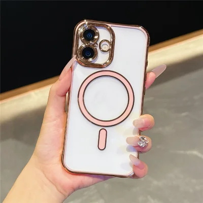 For iPhone 16 Magnetic Case Electroplated 2.0mm Acrylic TPU Phone Back Cover - Pink