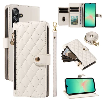 For Samsung Galaxy A18 5G / A18 4G A17 5G / A17 4G / A26 5G / A16 5G / A16 4G  Wallet Case with Straps, Rhombus Leather Stand Phone Cover - White