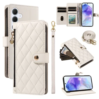 For Samsung Galaxy A55 5G Wallet Case with Straps, Rhombus Leather Stand Phone Cover - White