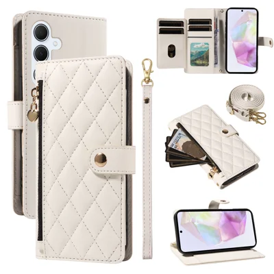 For Samsung Galaxy A35 5G Wallet Case with Straps, Rhombus Leather Stand Phone Cover - White