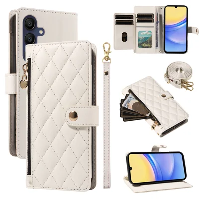 For Samsung Galaxy A15 5G / Galaxy A15 4G Wallet Case with Straps, Rhombus Leather Stand Phone Cover - White