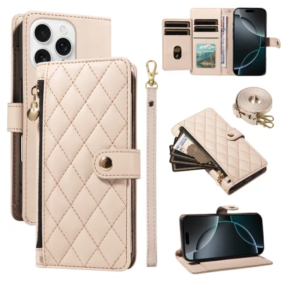 For iPhone 16 Pro Max Wallet Case with Straps, Rhombus Leather Stand Phone Cover - Beige