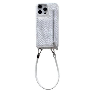 For iPhone 15 Pro Max Case Zipper Card Holder Mirror Snake Texture PU + PC Back Cover with Lanyard - White