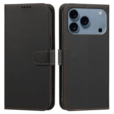 For iPhone 18 Pro Max / 17 Pro Max Leather Case Wallet Stand Solid Color Anti Drop Phone Cover - Black