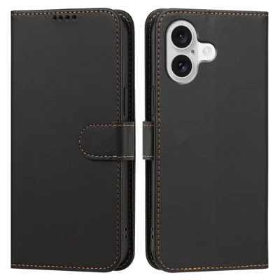 Voor iPhone 17 Leren Hoesje Portemonnee Stand Effen Kleur Anti Drop Telefoonhoes - Zwart