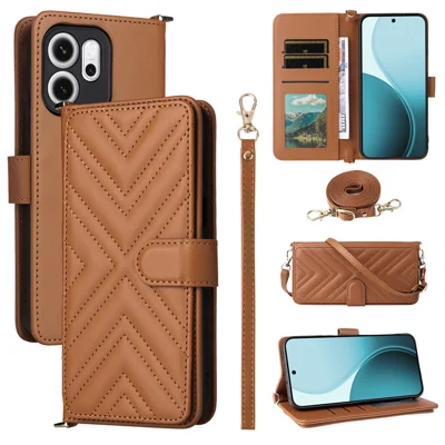 For Oppo Reno14 F 5G Case with Shoulder / Wrist Strap Leather Phone Cover Stand Wallet - Brown