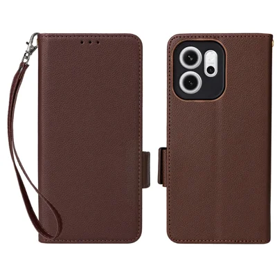 Voor Oppo Reno14 F 5G hoesje met polsbandje Litchi-structuur PU-leer portemonnee telefoonhoes - Bruin
