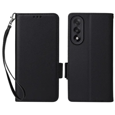 غطاء لهاتف OnePlus Nord 5 5G / Ace 5 Ultra 5G مع حزام معصم وتصميم جلد PU بنسيج تفاح الثعلب، غطاء محفظة - أسود