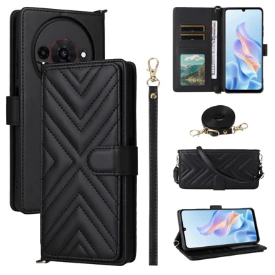 For ZTE Blade A76 5G Case with Shoulder / Wrist Strap Leather Phone Cover Stand Wallet - Black
