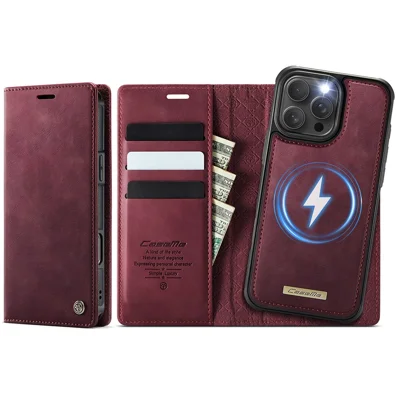 CASEME C49 Etui na iPhone 16 Pro Max z funkcją MagSafe, blokowanie RFID, wyjmowana portmonetka, skórzane etui - Czerwony