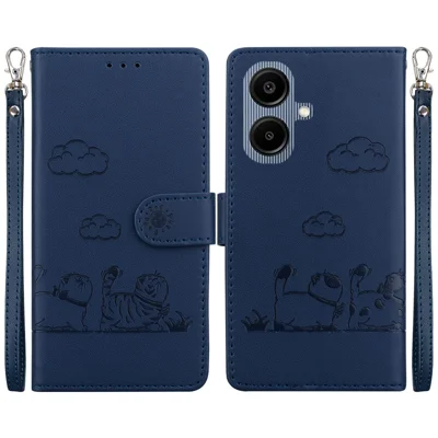 For Samsung Galaxy A08 5G / A08 4G / A07 5G / A07 4G / A06 5G / A06 4G Case RFID Blocking Kitten Pattern TPU + PU Leather Phone Cover with Wrist Strap - Blue