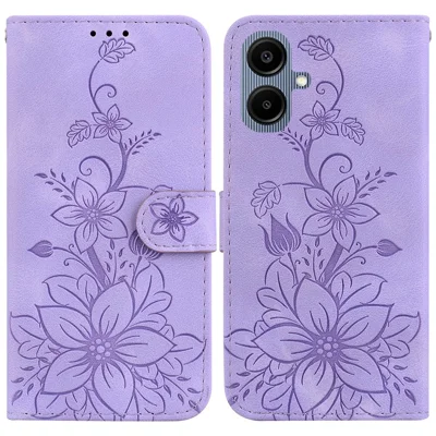 For Samsung Galaxy A08 5G / A08 4G / A07 5G / A07 4G / A06 5G / A06 4G Stand Case Lily Flower Imprint Leather Phone Cover with Wrist Strap - Purple