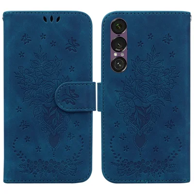 For Sony Xperia 1 VII Case Butterfly Flower Imprint PU Leather Wallet Phone Cover with Strap - Blue