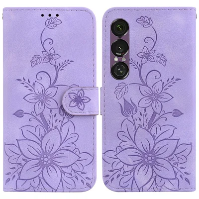For Sony Xperia 1 VII Stand Case Lily Flower Imprint Leather Phone Cover with Wrist Strap - Purple