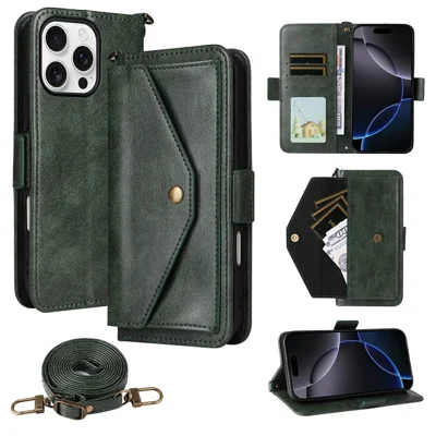 For iPhone 16 Pro Leather Case Magnetic Closure Wallet Stand Phone Cover with Crossbody Strap - Green