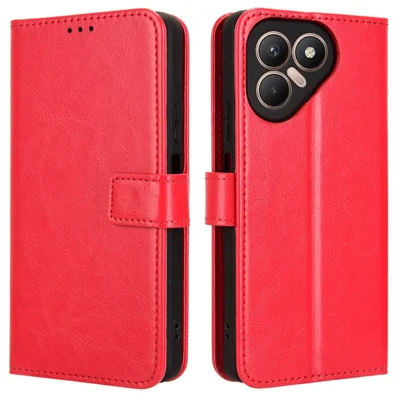 For TECNO Pova 7 4G / LJ6 PU Leather Case with Strap Crazy Horse Texture Phone Wallet Cover - Red