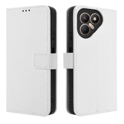 For TECNO Pova 7 4G / LJ6 Leather Wallet Case with Strap Diamond Texture Phone Cover - White
