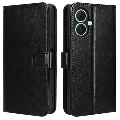 For TECNO Spark Go 2 4G / KM4 PU Leather Case with Strap Crazy Horse Texture Phone Wallet Cover - Black