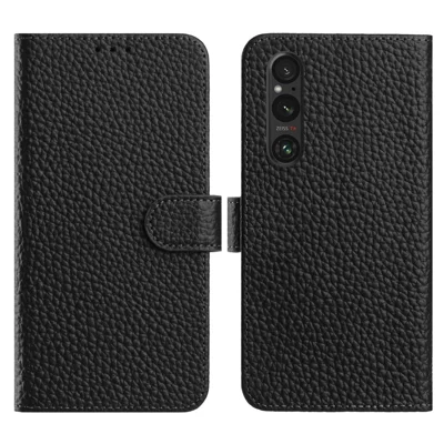 For Sony Xperia 1 V Case Wallet Stand Litchi Texture Genuine Cow Leather Flip Phone Cover - Black