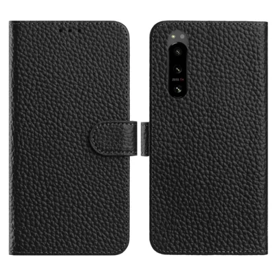 For Sony Xperia 5 IV 5G Case Wallet Stand Litchi Texture Genuine Cow Leather Flip Phone Cover - Black