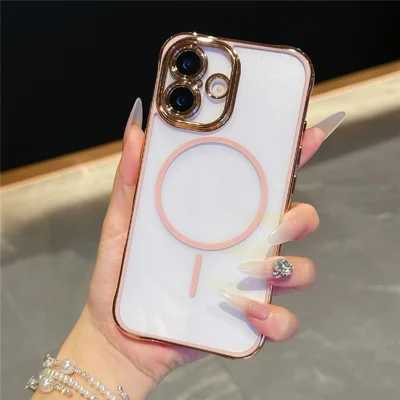 For iPhone 16 Magnetic Case TPU Acrylic Phone Cover with Detachable Lens Frame - Pink