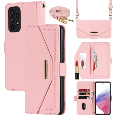 For Samsung Galaxy A53 5G Stand Case Cross Texture PU Leather Wallet Phone Cover with Shoulder Strap  /  Makeup Mirror - Pink