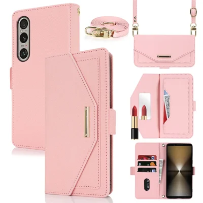 For Sony Xperia 1 VI Stand Case Cross Texture PU Leather Wallet Phone Cover with Shoulder Strap  /  Makeup Mirror - Pink