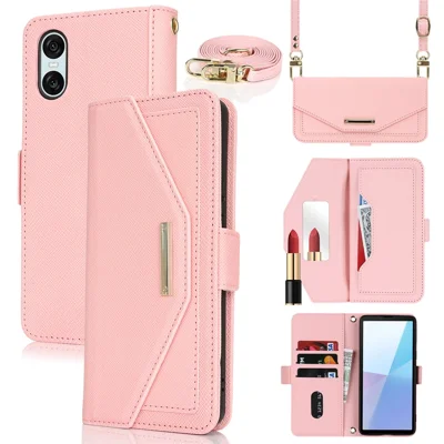 For Sony Xperia 10 VI Stand Case Cross Texture PU Leather Wallet Phone Cover with Shoulder Strap  /  Makeup Mirror - Pink