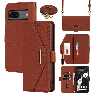 For Google Pixel 7 5G Stand Case Cross Texture PU Leather Wallet Phone Cover with Shoulder Strap  /  Makeup Mirror - Brown