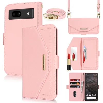 For Google Pixel 7a Stand Case Cross Texture PU Leather Wallet Phone Cover with Shoulder Strap  /  Makeup Mirror - Pink