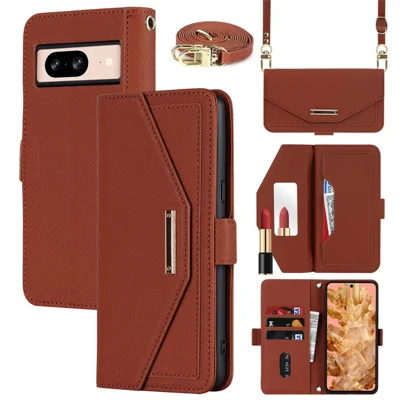For Google Pixel 8 Stand Case Cross Texture PU Leather Wallet Phone Cover with Shoulder Strap  /  Makeup Mirror - Brown